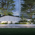 Modern Residential Building With Landscaped Gardens Lawn Flower Beds Trees And Illuminated Exterior