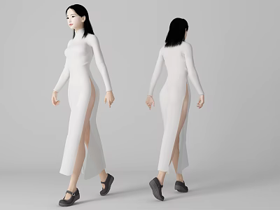Woman In White Long Slit Dress With Black Shoes Front And Back Views 3d model