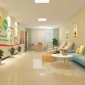 Modern Bright Waiting Area With Sofa Plants Coffee Table And Wall Posters 3d model
