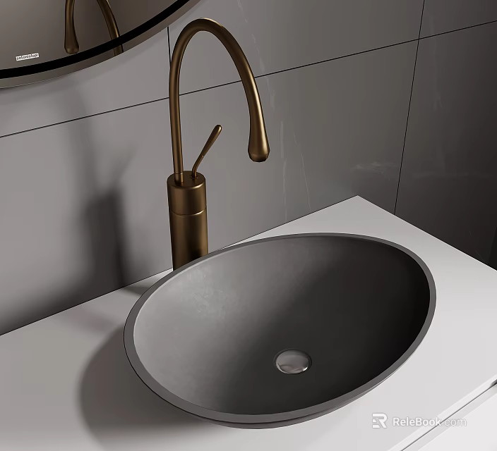 Modern Bathroom Sink Design With Gray Round Basin Gold Faucet And White Countertop 3d model 