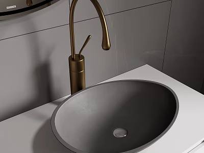 Modern Bathroom Sink Design With Gray Round Basin Gold Faucet And White Countertop 3d model