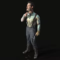 A Man In Suspenders With Light Shirt Tattoos Holding Tool And Gun On Black Background