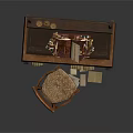 Antique Wooden Desk And Chair With Carved Details Books Balance Scales Scrolls And Upholstered Seat