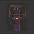 Cartoon Style Scene With Wooden Shelves Purple Path Items And Top Lantern Lighting