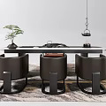 Modern Tea Table and Leather Chairs with Marble Top Hanging Lamp and Potted Plant