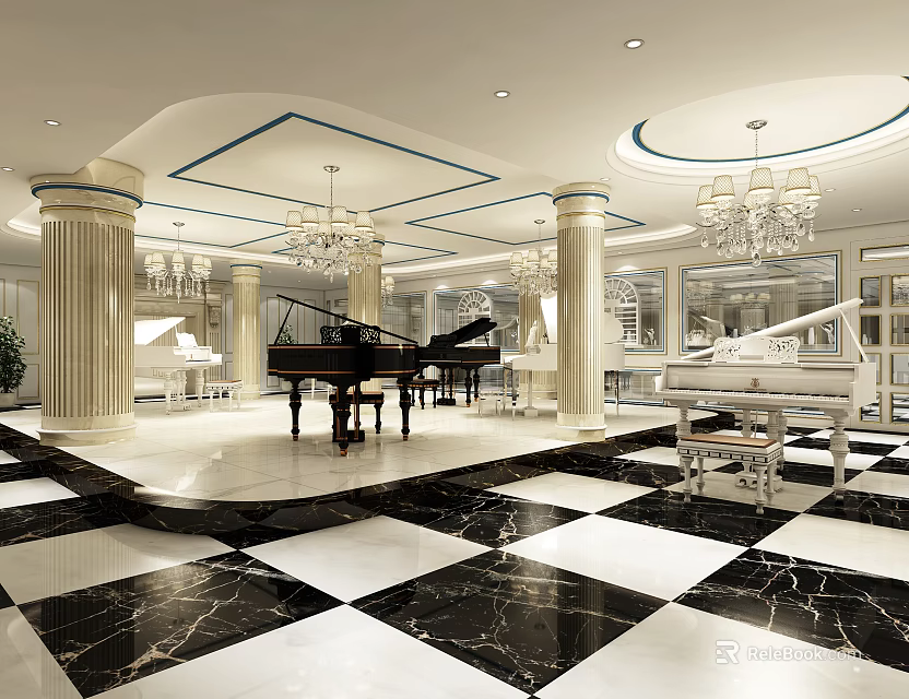 Luxurious Piano Showroom With Grand Piano Chandeliers Marble Floor And Display Cabinets 3d model 