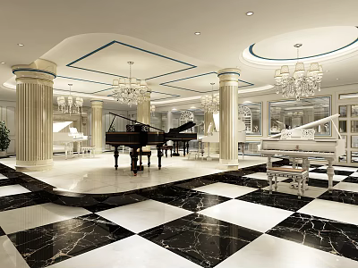 Luxurious Piano Showroom With Grand Piano Chandeliers Marble Floor And Display Cabinets 3d model