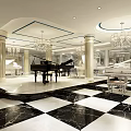 Luxurious Piano Showroom With Grand Piano Chandeliers Marble Floor And Display Cabinets