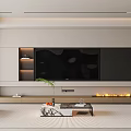 Modern TV Wall Design With Black Screen Fireplace And Storage Shelves 3d model