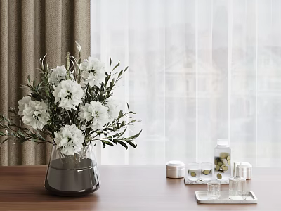 White Flowers with Olive Branches in Dark Gray Vase on Wooden Table near Window Curtains 3d model