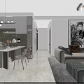 Modern Living And Dining Room Interior With Gray Sofa Chandelier Artwork And TV Wall