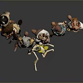 Group Of Anthropomorphic Animal Characters And Skeleton Creature In Colorful Costumes With Hats And Scarves