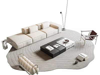 Stylish Sofa Coffee Table Combination With White Sofa Black Table Gray Rug And Floor Lamp 3d model