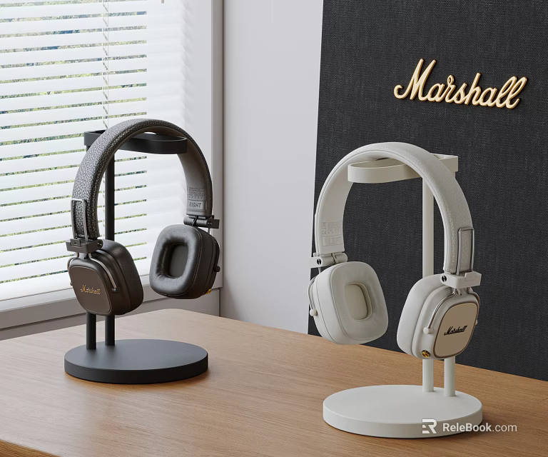 Marshall Audio Headphones In Dark And White On Stands With Modern Design 3d model 