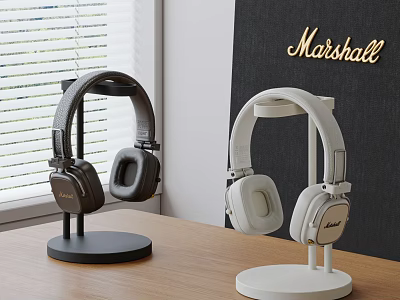 Marshall Audio Headphones In Dark And White On Stands With Modern Design 3d model