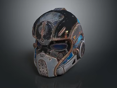 Futuristic Weapon Tactical Helmet With Weathered Metal Mechanical Details And Blue Black Accents 3d model