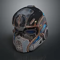 Futuristic Weapon Tactical Helmet With Weathered Metal Mechanical Details And Blue Black Accents