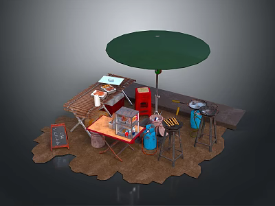 Outdoor Food Stall Structure With Green Umbrella Red Refrigerator Wooden Table And Blue Gas Cylinder 3d model