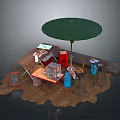 Outdoor Food Stall Structure With Green Umbrella Red Refrigerator Wooden Table And Blue Gas Cylinder