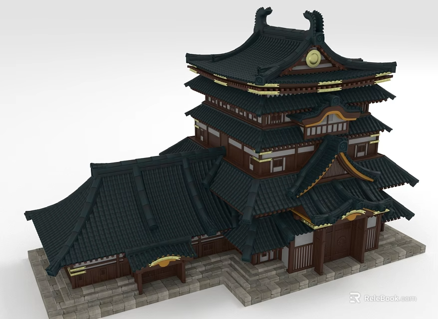 Traditional Ancient Architecture Featuring Multi Layered Black Roof And Wooden Structure With Stone Steps 3d model 