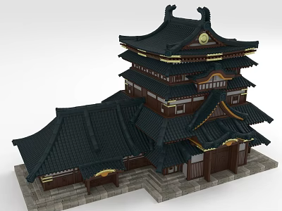 Traditional Ancient Architecture Featuring Multi Layered Black Roof And Wooden Structure With Stone Steps 3d model