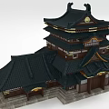 Traditional Ancient Architecture Featuring Multi Layered Black Roof And Wooden Structure With Stone Steps