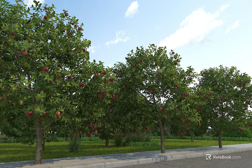 Lush Garden Landscape Featuring Apple Trees With Red Fruits Green Grass And Sidewalk Pathway 3d model 