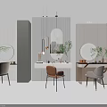 Modern Dressing Table with Round Mirror Wooden Chair Green Plants and Striped Wall