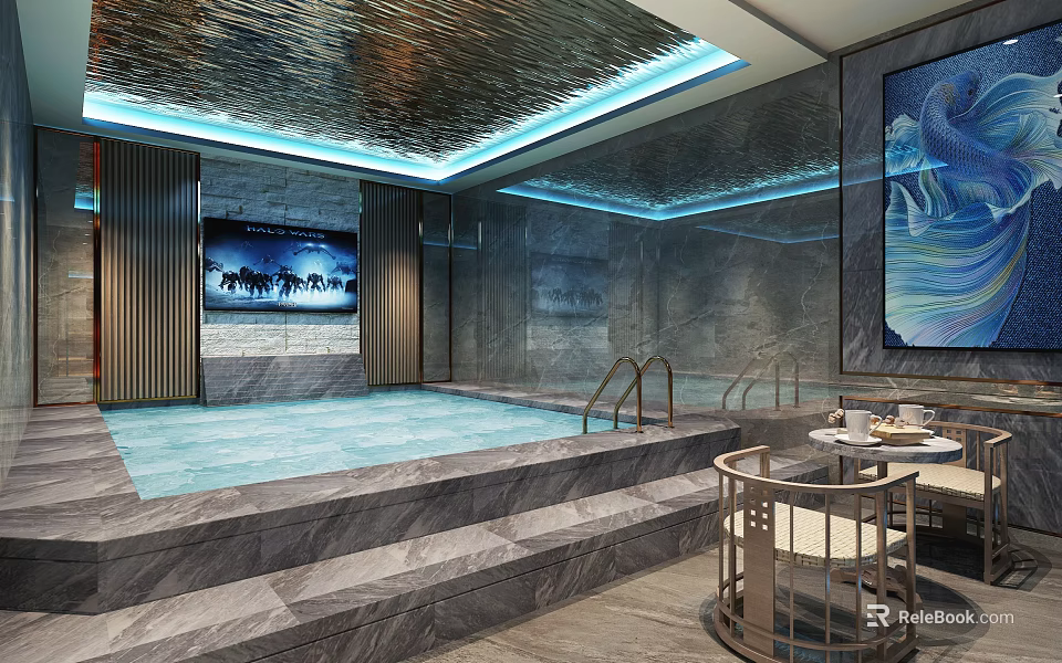 Luxury SPA Sauna Interior With Stone Decor Large Pool Ambient Lighting And Rest Seating 3d model 