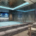Luxury SPA Sauna Interior With Stone Decor Large Pool Ambient Lighting And Rest Seating