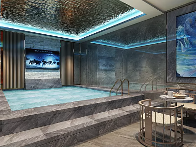 Luxury SPA Sauna Interior With Stone Decor Large Pool Ambient Lighting And Rest Seating 3d model