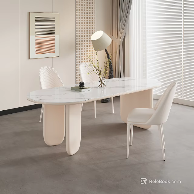 Modern Dining Interior With White Oval Dining Table Set And Minimalist Chairs 3d model