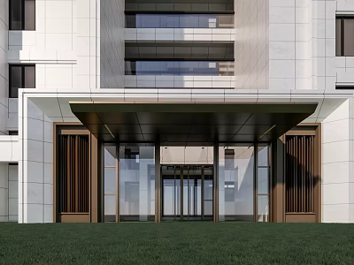 Entrance Gate of Modern Building with Glass Doors Metal Frame White Walls and Grass Lawn 3d model