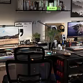 Modern Entertainment Room Interior With Dual Monitors Gaming Chair Desk Wall Art Shelves And Lighting
