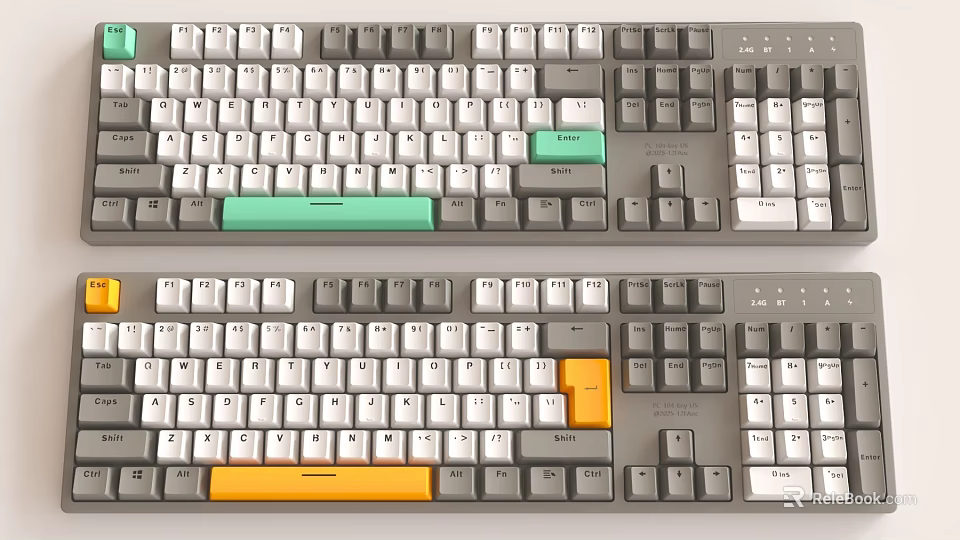 Mechanical Keyboards Two Models with Green and Orange Accent Keys Modern Design 3d model