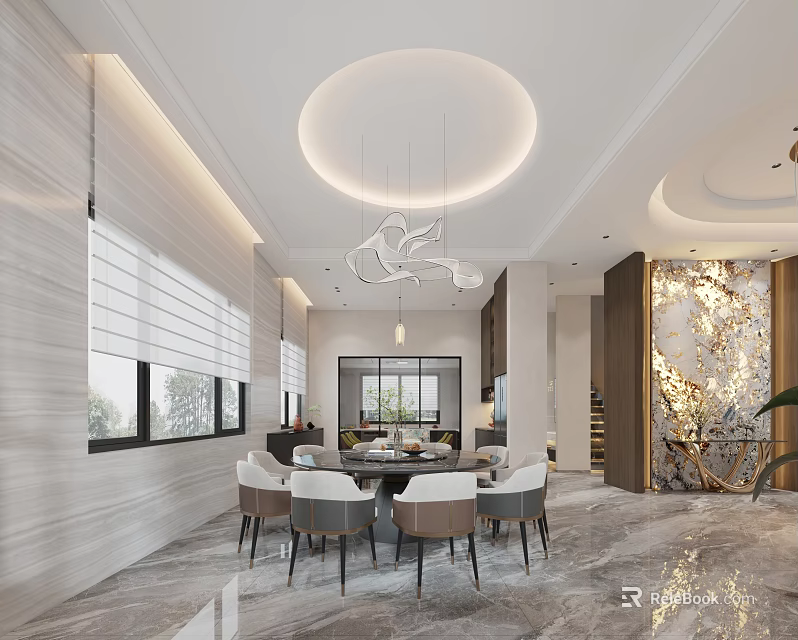 Modern Dining and Living Room Interior With Round Chandelier Marble Floor And Chairs 3d model 