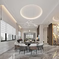 Modern Dining and Living Room Interior With Round Chandelier Marble Floor And Chairs