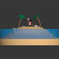 Cartoon Scene of Tropical Island with Sandy Beach Palm Trees Striped Umbrella and Blue Water