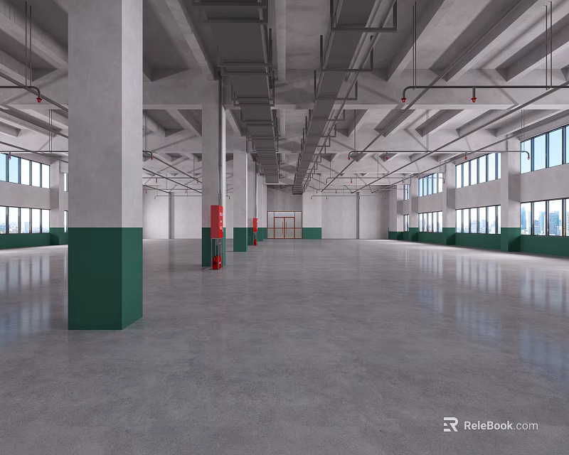 Bright Spacious Unfurnished Industrial Factory Interior With Concrete Columns Exposed Pipes And Large Windows 3d model 