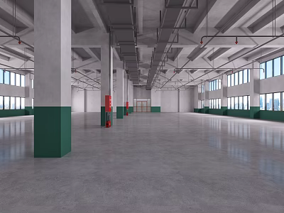 Bright Spacious Unfurnished Industrial Factory Interior With Concrete Columns Exposed Pipes And Large Windows 3d model