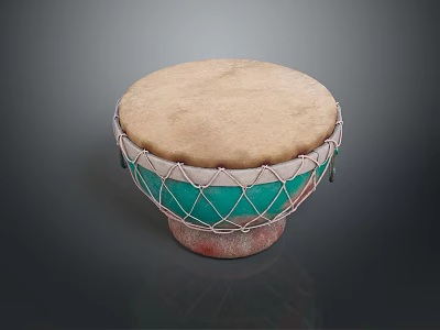 Traditional Hand Drum With Natural Drumhead And Decorative Green White Netting Red Base 3d model