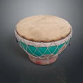 Traditional Hand Drum With Natural Drumhead And Decorative Green White Netting Red Base