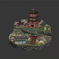 Cartoon Scene Featuring Multi Story Tower Red Torii Gate Japanese Houses And Pink Cherry Blossoms