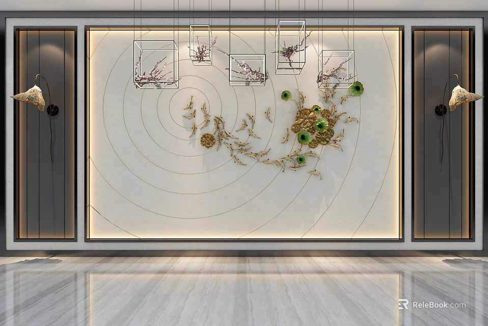 Elegant Modern Background Wall Design With Circular Lines Golden Decorations And Green Elements 3d model