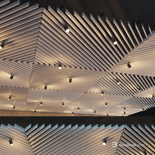 Modern Ceiling Design With Slatted Wooden Panels Geometric Pattern And Recessed Lights 3d model 