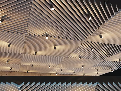 Modern Ceiling Design With Slatted Wooden Panels Geometric Pattern And Recessed Lights 3d model