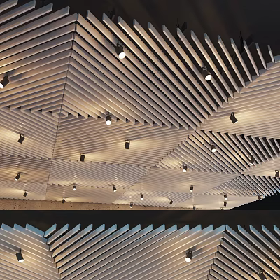 Modern Ceiling Design With Slatted Wooden Panels Geometric Pattern And Recessed Lights 3d model