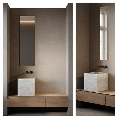 Bathroom Interior Design with Rectangular Mirror Overhead Lighting Marble Sink and Wooden Cabinet Near Window 3d model