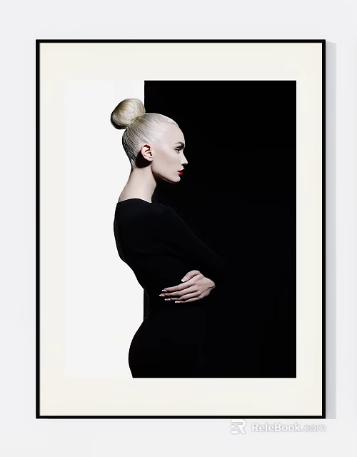 Portrait Of Female Figure With High Bun Hairstyle In Black Outfit And Dark Background 3d model 