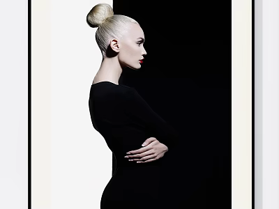 Portrait Of Female Figure With High Bun Hairstyle In Black Outfit And Dark Background 3d model